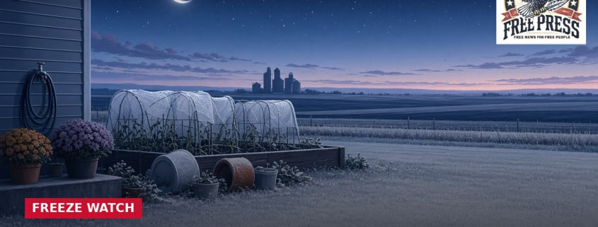 Illustration: frost on fields under a freeze watch night sky